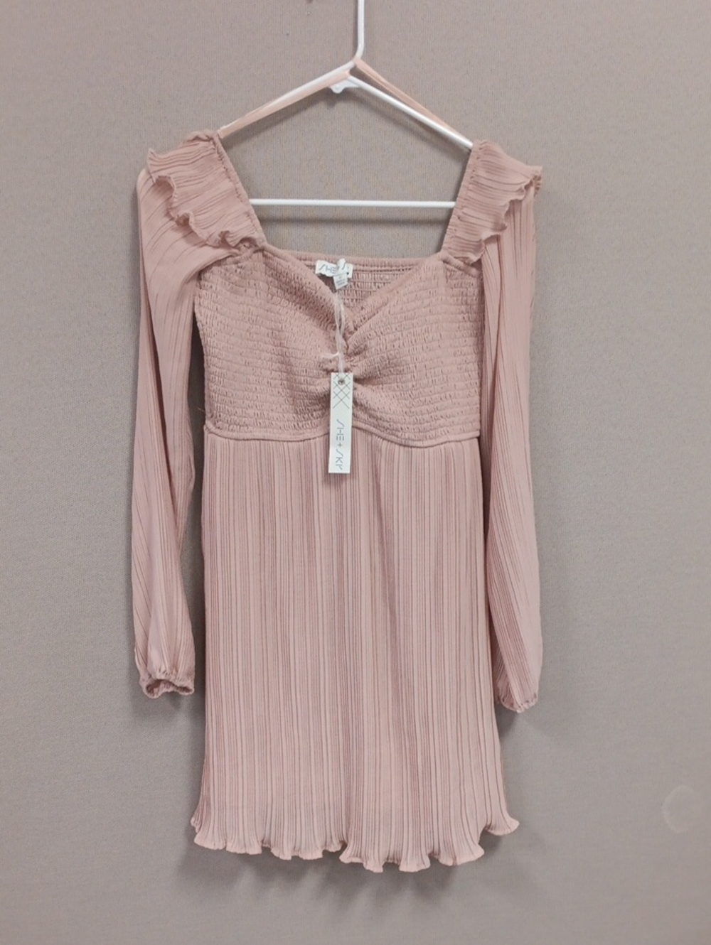 She + Sky Dusty Blush Pleated Smocked Long-Sleeve Dress
